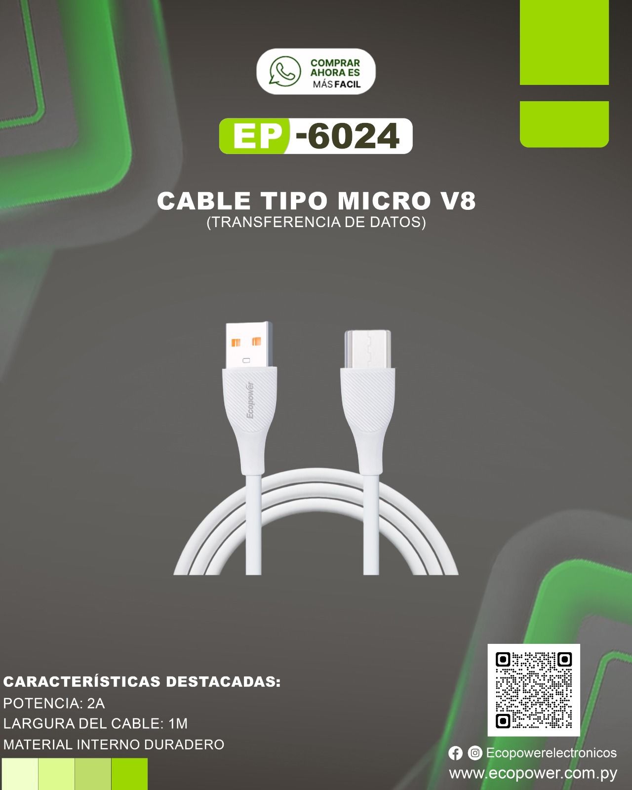 Cable usb ecopower tipo v8 2 amp. 6024
