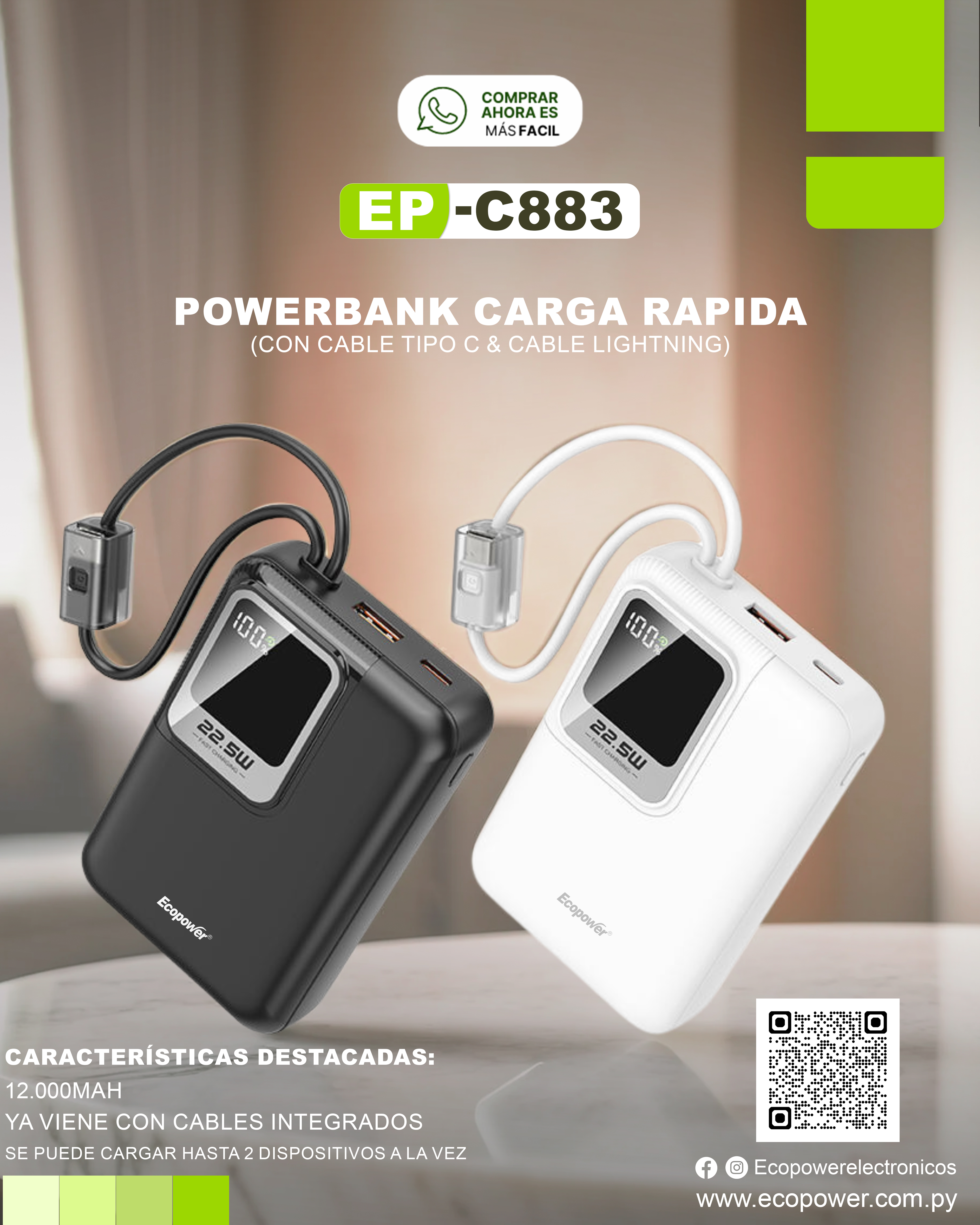 Cargador portatil ecopower 12000 mah c883
