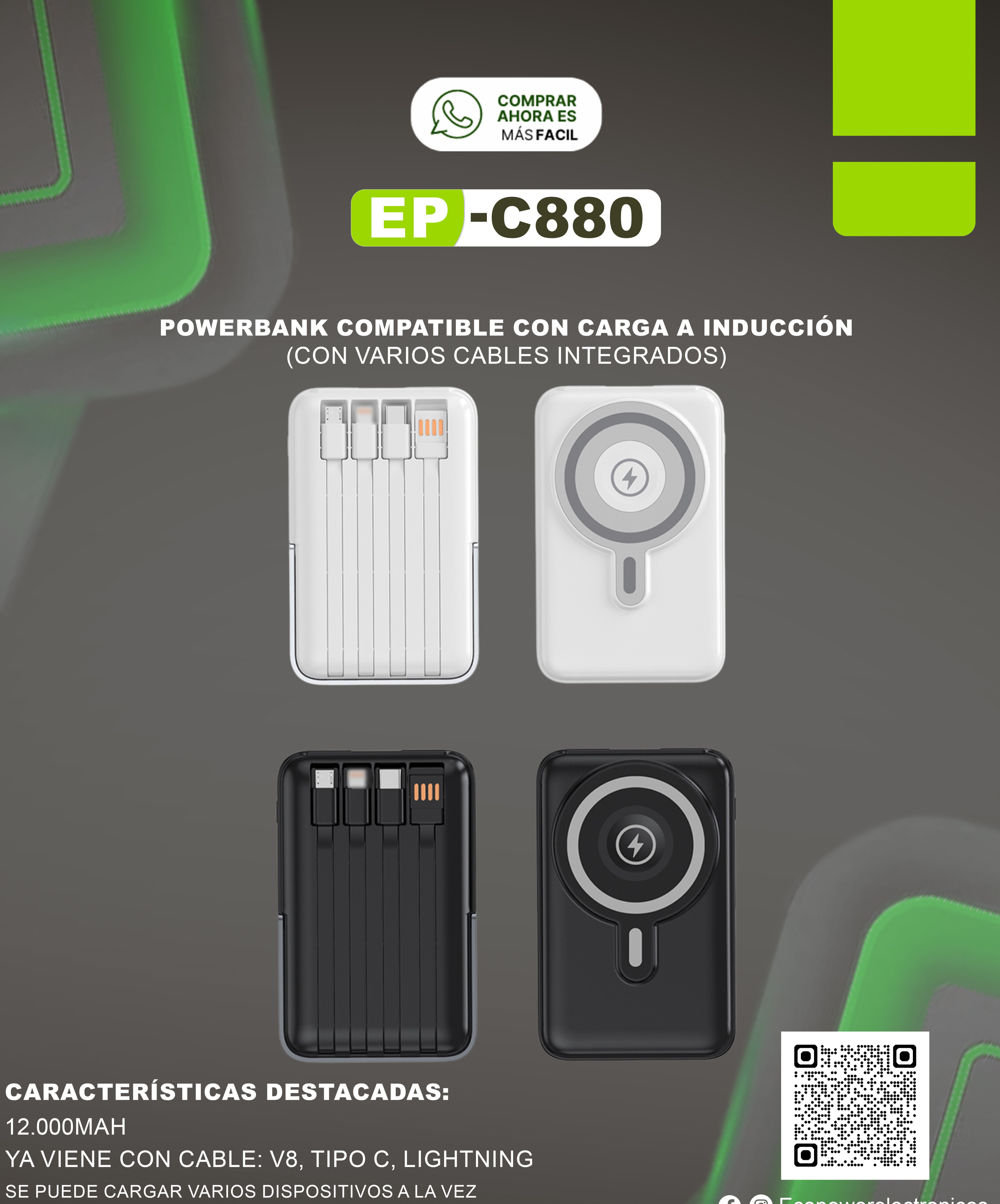 Cargador portatil ecopower 12000mah c880 magsafe usb x4