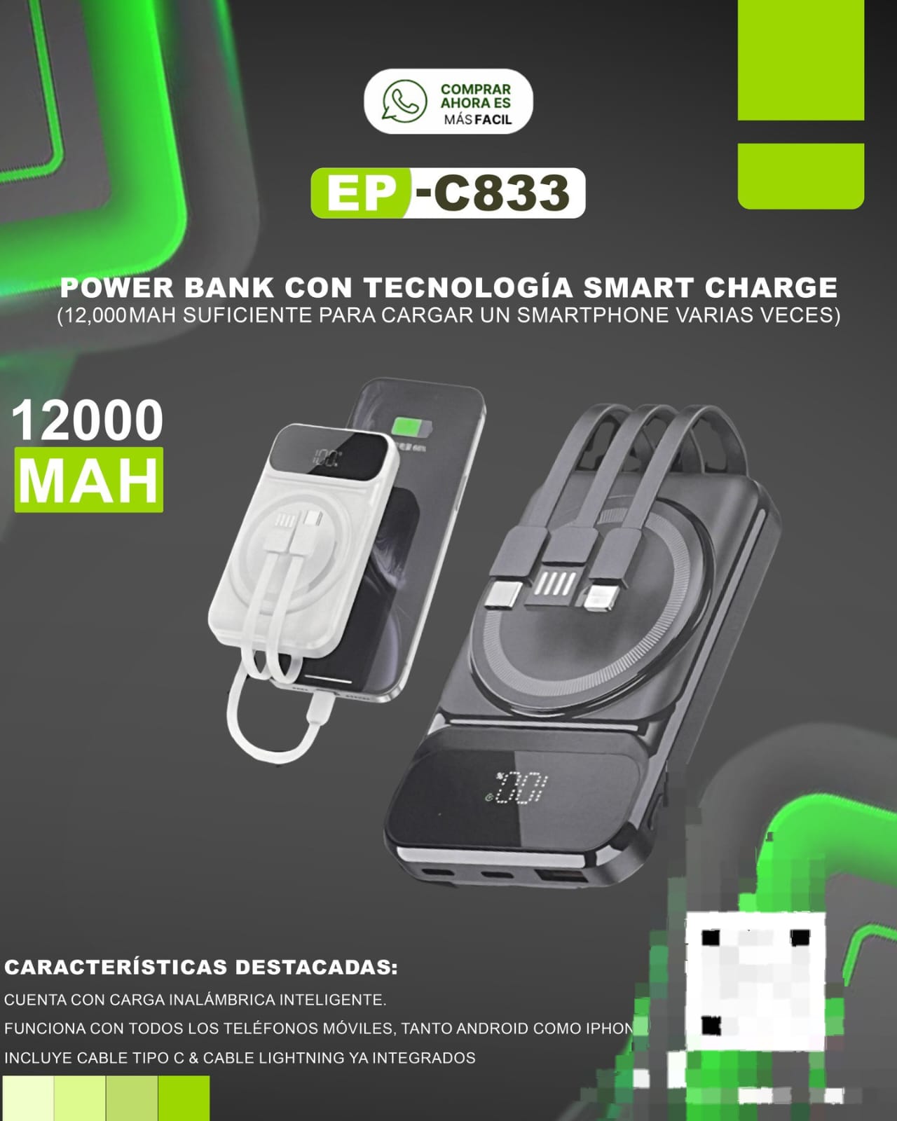 Cargador portatil ecopower 12000mah c833