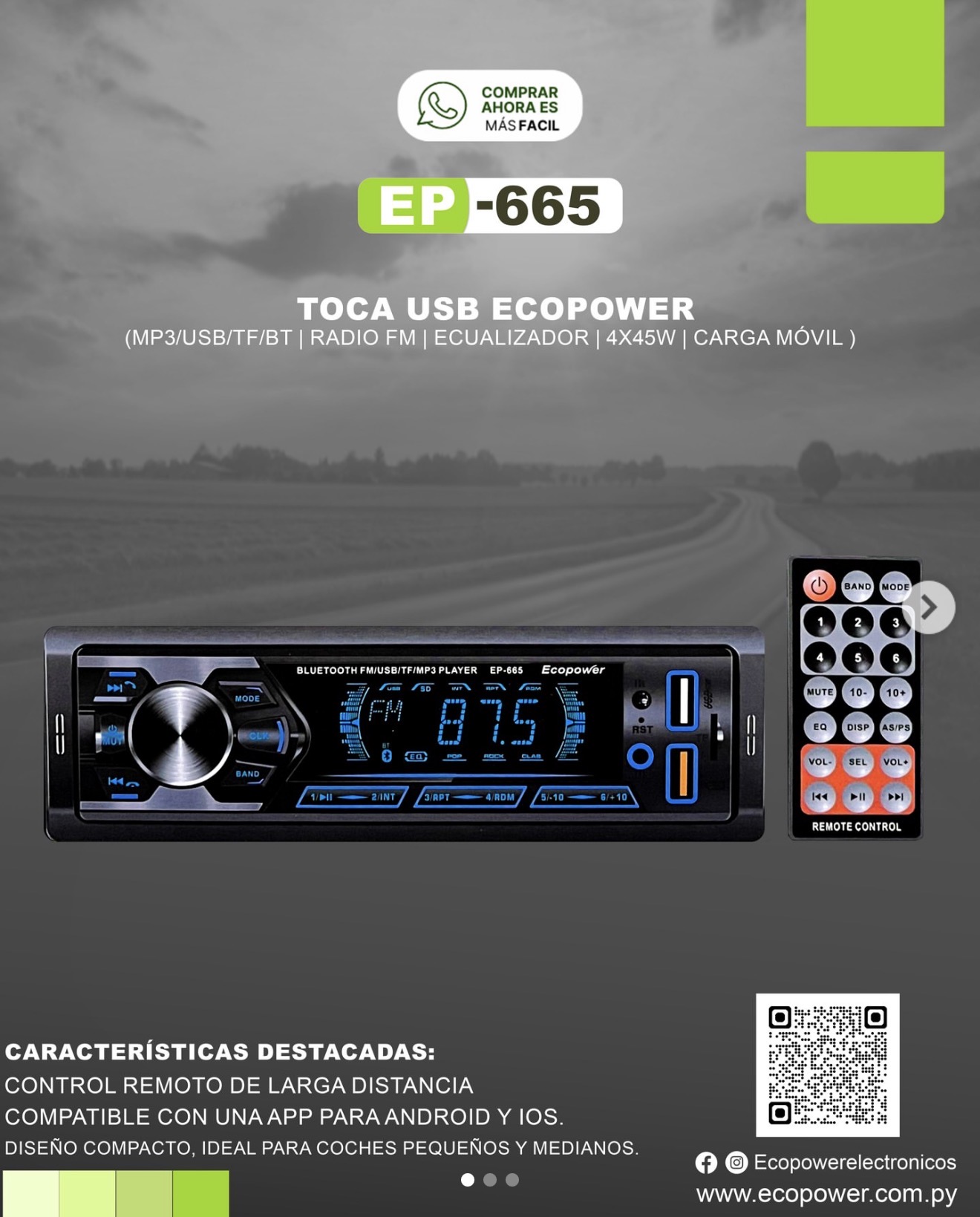 AUTO ESTÉREO MULTIMEDIA PARA AUTO ECOPOWER 4 x 45w ( EP 665 )