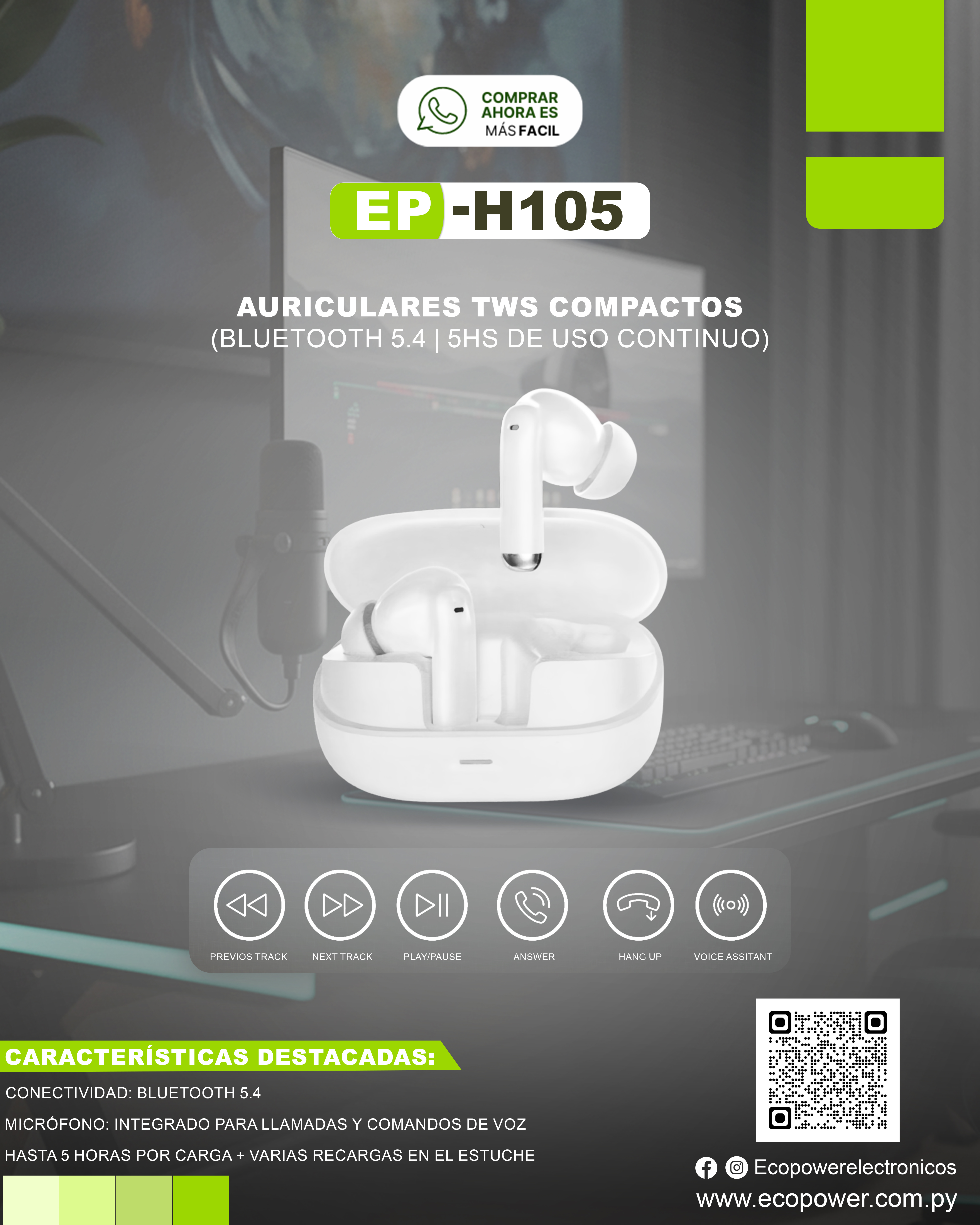Auricular inalambrico ecopower h105