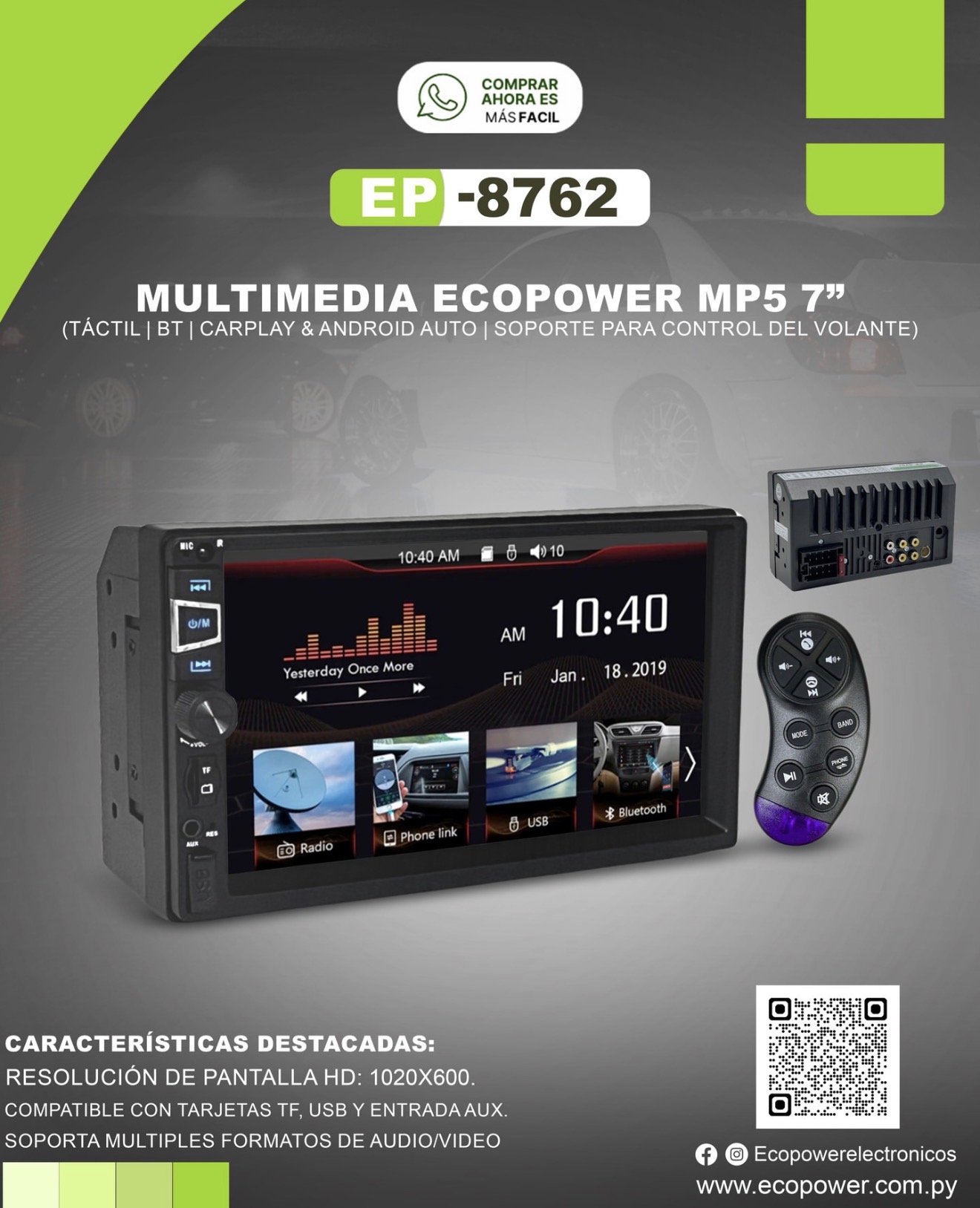 Auto estéreo multimedia para auto 7 MP5 Ecopower (ep 8762)  
