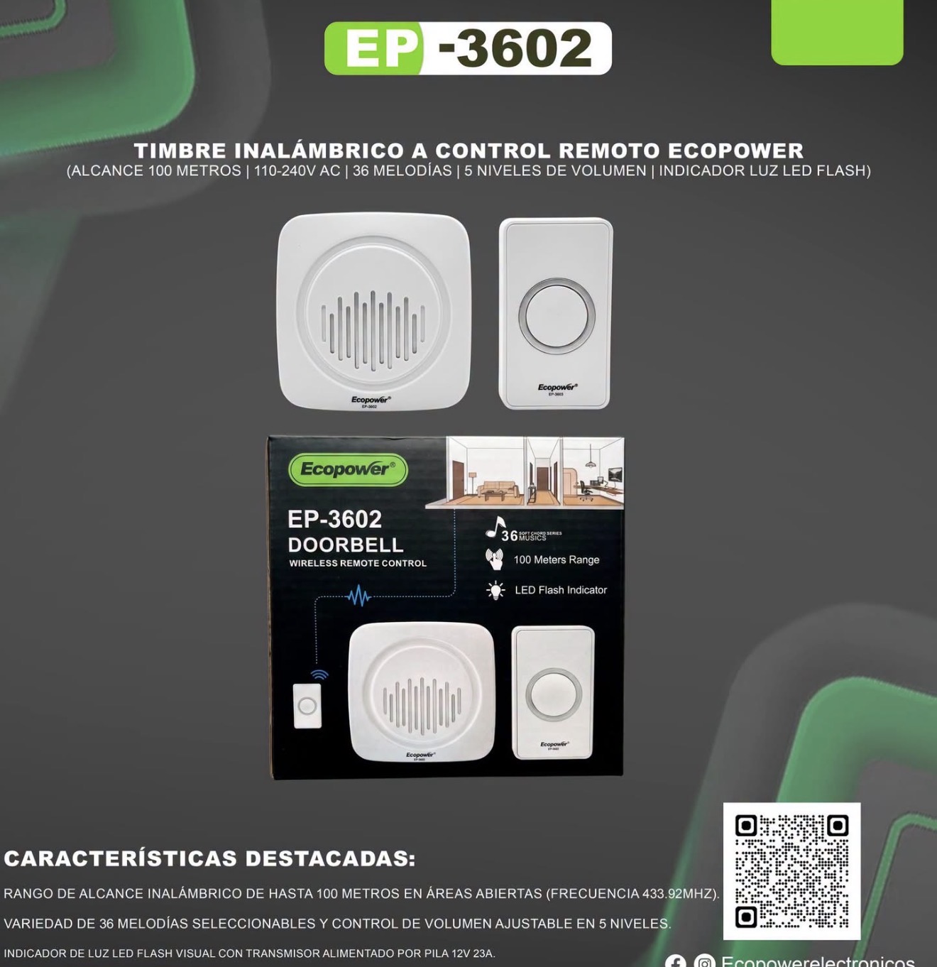 Timbre clasico a pilas  ECOPOWER  + control remoto (3602)