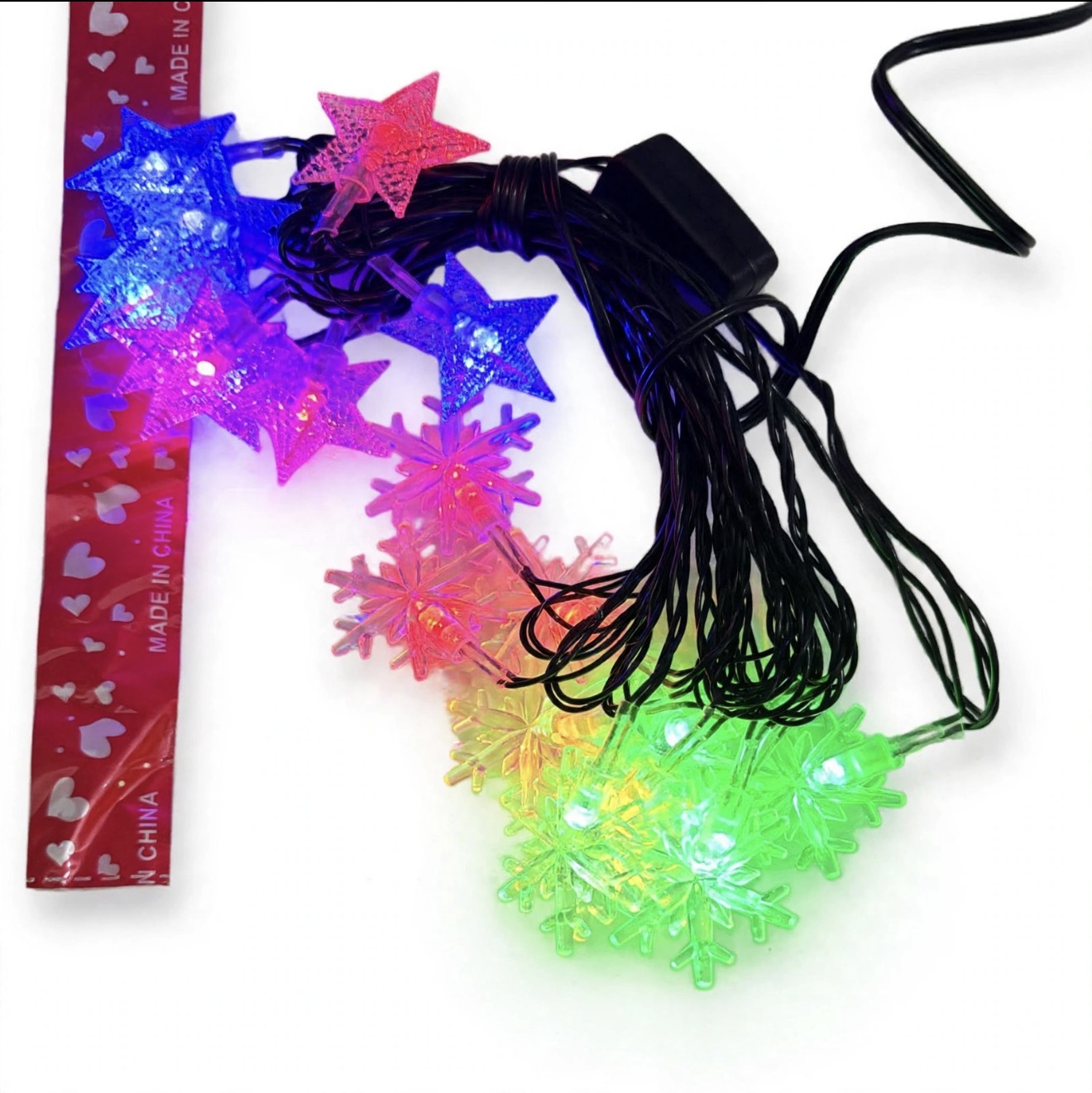 luz navideña x20 colorido copo y estrellas  (cable negro)